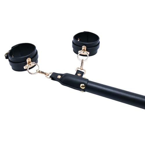 Wooden PU Spreader Bar with 4pcs PU Adjustable Straps,Workout Bar for Home Gym Training Bar,Portable Detachable Pilates Kit - style: Embossed Black+Black Kit