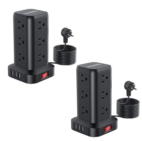 Extension Cord with Multiple Outlets, SMALLRT 2 Pcs Power Strip Tower, Outlet Extender with 12 AC Outlets 4 USB, 6.5FT Extension Cord for Home Office Dorm Room, Overload Protection - color: Black, size: 6.5 Ft without wireless charging 2Pack