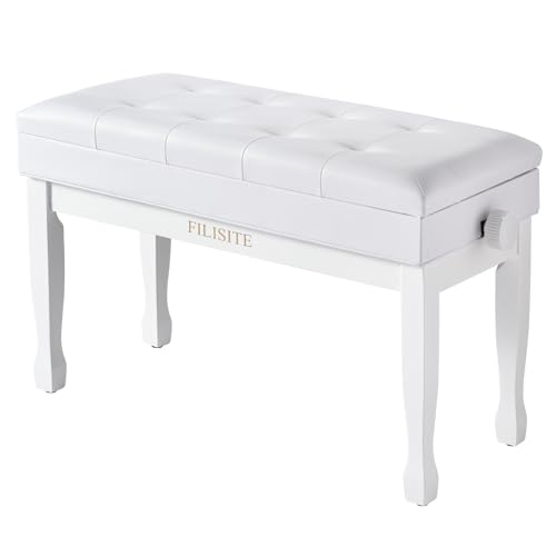 Adjustable Height Piano Bench with Storage, Solid Wood Duet Keyboard Stool, Waterproof Padded Seat Cushion, Multi-Use Bench for Piano, Vanity, Living Room, Bedroom XJ750-4(White) - color: White