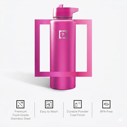 IRON °FLASK 40 oz Wide Mouth Water Bottle with Straw | Insulated Stainless Steel Sports Water Bottle with Leakproof Straw Lid - BPA Free, Cold 24 Hrs, Sweat Free (Pink Tulip) - color: Pink Tulip, style: Straw - 40 Oz (1 Lid)