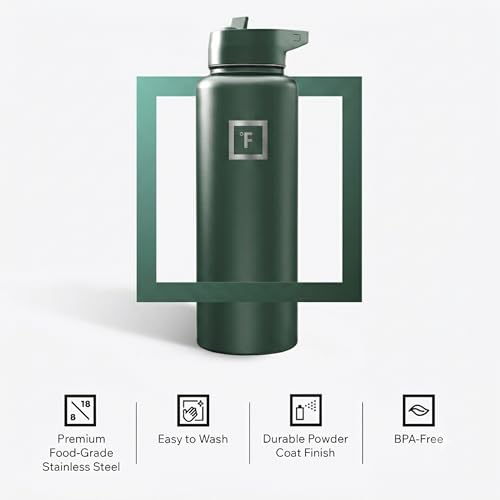 IRON °FLASK 40 oz Wide Mouth Water Bottle with Straw | Insulated Stainless Steel Sports Water Bottle with Leakproof Straw Lid - BPA Free, Cold 24 Hrs, Sweat Free (Dark Pine) - color: Dark Pine, style: Straw - 40 Oz (1 Lid)