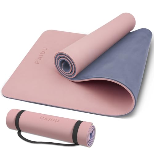 PAIDU Yoga Mat Non Slip Anti-tear,extra thick-2/5 inch（10MM）High Resiliency Professional POE Yoga Mats for Women Men Kids,72"x24"inch,Workout, Yoga, Pilates and Floor Exercise, with Carrier Strap - color: Deep Pink+Grey