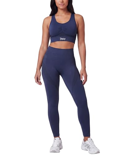 Juicy Couture 2 Piece Women's Workout Set Seamless Bra and Leggings Athletic Pilates Yoga Gym Activewear Matching Outfit - color: Solid Medieval Blue, size: Small