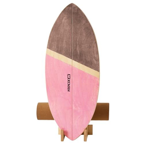 XCMAN Surf Balance Board Trainer with Roller Wooden Exercise Balancing Stability Trainer - Non Slip Surface for Adults Kids|Balance Board for Surfing,Snowboarding,Skateboarding,Hockey,Yoga Training - color: Leaf Pink