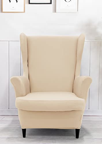 NILUOH Wingback Chair Cover 2-Piece Soft Stretch Wing Chair Slipcover Solid Color Armchair Sofa Couch Cover Furniture Protector with Elastic Bottom for Living Room Bedroom (Beige) - color: Beige