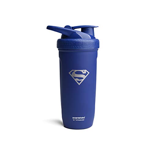 Smartshake DC Comic Bundle - Superman Protein Shaker Bottle – 900ml Leakproof Stainless Steel Shaker Bottle with 50g Protein Powder Storage Funnel