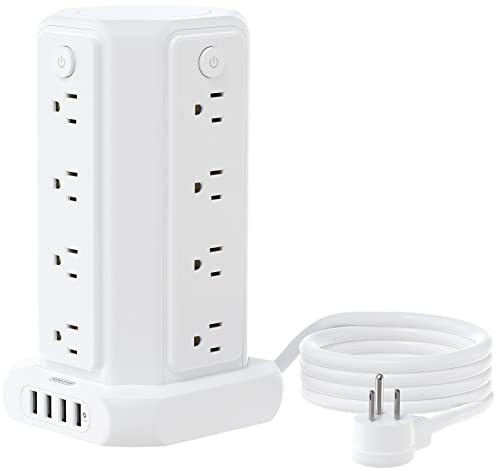 10 FT Extension Cord Power Strip Tower, 16 Widely Outlets 1875W 15A, Flat Plug Surge Protector with 4 USB Ports, Individual Switches, 1080 Joules, Overload Protection for Home Office Desktop, White - color: White, size: 10ft - 16 Outlets 4 USB
