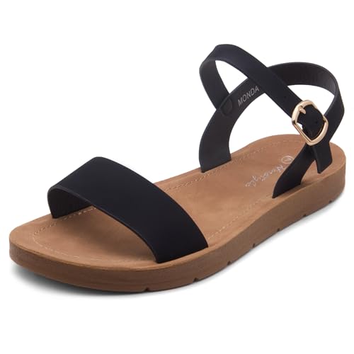 Herstyle Flat Sandals for Women – Open Toe 1 Band Ankle Strap Summer Dressy Sandals, Lightweight Casual Strappy Slip-On Flats with Adjustable Buckle - color: Black, size: 9