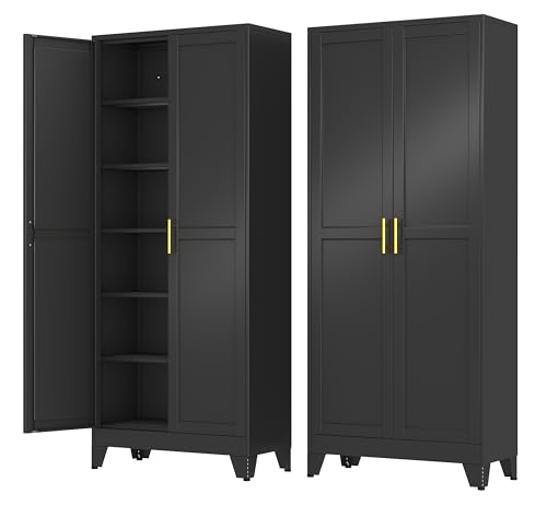 Metal Storage Cabinet with 2 Doors and 5 Adjustable Shelves - 74.8" Steel File Cabinet,Tool Cabinets for Office,Home,Garage,Gym,School (Black) - color: Black, size: 74.8H