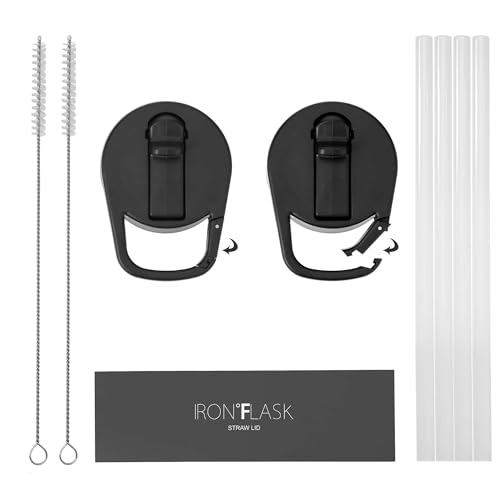 IRON °FLASK Carabiner Straw Lid for Wide Mouth Insulated Sports Water Bottles, Simple BPA Free, 2 Lids, 4 Straws, 2 Cleaning Brushes