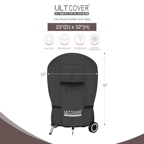 ULTCOVER Outdoor Waterproof Charcoal Kettle Grill Cover for Most 18 inch Round Smoker Size Up to 23” Dia x 32” H, Black - color: Black-Round, size: 23” Dia x 32” H