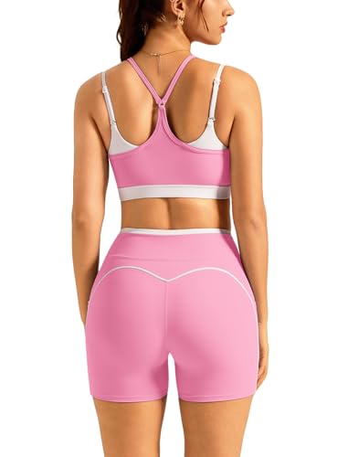 Double Layer Workout Sets for Women 2 Piece Matching Gym Set High Waist Shorts with Pockets Sports Bra Yoga Pilates Outfits - color: Pink, size: X-Small