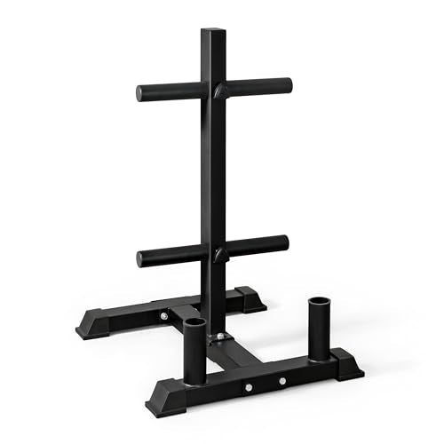 CAP Olympic Bumper Plate Tree Rack with Barbell Holders, Heavy-Duty Weight Plate Storage Rack for Home Gym, Steel Olympic Plate Organizer Stand, Multiple Color & Size Options - color: Black, size: 4-Plate Posts / 2 Bar Holders