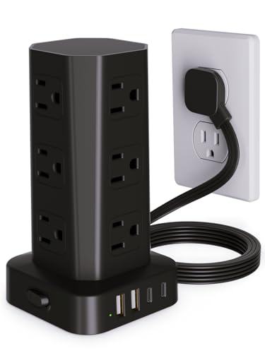 Power Strip Tower Surge Protector, 6FT Flat Plug Extension Cord with Multiple Outlets, 12 AC Outlets 4 USB (2 USB C), Desktop Charging Station with Surge Protection for Home Office Dorm Room, Black - color: Black, size: 6FT