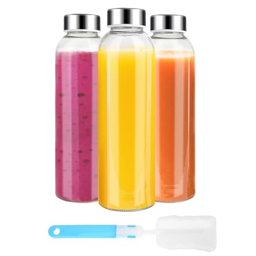 Luxfuel Clear Glass Bottles with Lids, 18oz Glass Water Bottles for Juicing | 100% Leak Proof Reusable Juice Bottle with Stainless Steel Cap for Smoothie, Milk, Refrigerator, Dishwasher Safe, Set of 3 - color: Clear Glass Bottle 3Pack, size: 18oz