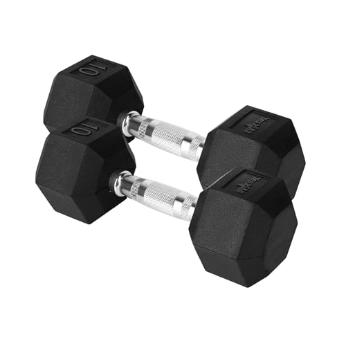 Yes4All Chrome/Rubber Grip Encased Hex Dumbbells – Hand Weights With Anti-Slip 10-30 LBS Pair - color: B. 10lbs - Pair, style: Chrome Grip