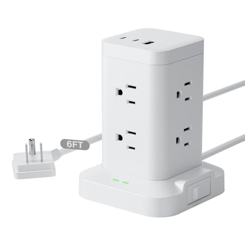 Power Strip Tower with Surge Protector 1800J, Fast Charging Tower PD20W USB-C Ports with 8 AC Outlets, Extension Cord for Home Office Dorm Room, White, 6FT - color: White, size: 6FT