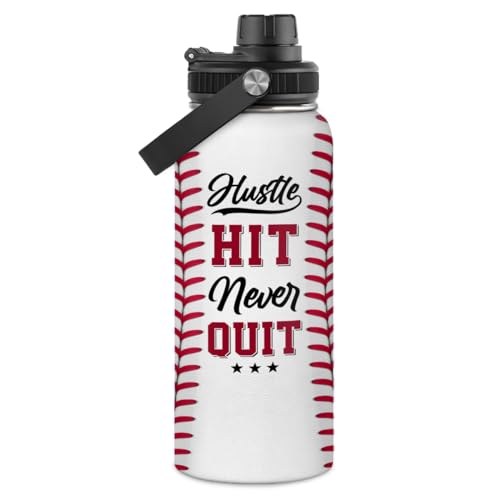 Baseball Water Bottle 32oz Hustle Hit Never Quit Stainless Steel Insulated Bottle for Men Women Sports Lovers Baseball Fans - color: Baseball 2