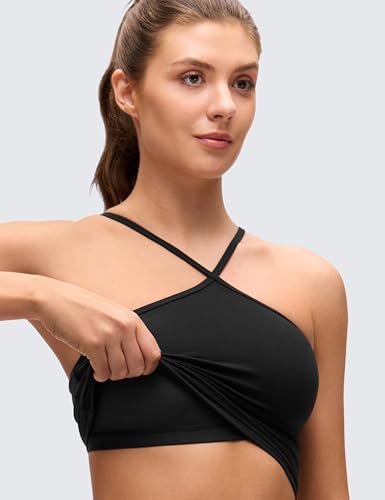 CRZ YOGA Butterluxe Cross Neck Crop Tank Tops | Light Support, Removable Pads, Yoga, Extremely Soft, Square Back, Spaghetti Straps, Longline Sports Bras for Women - color: Black, size: X-Large