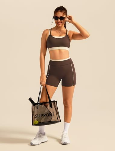 Double Layer Workout Sets for Women 2 Piece Matching Gym Set High Waist Shorts with Pockets Sports Bra Yoga Pilates Outfits - color: Brown, size: Medium