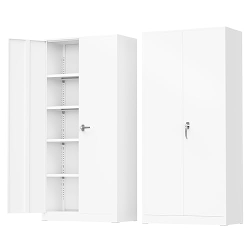 Greenvelly Metal Storage Cabinet - 72" Steel White Cabinet with 2 Doors and 4 Adjustable Shelves, Lockable - Perfect for Garage, Home Office, Pantry - color: White, size: 72 Inch