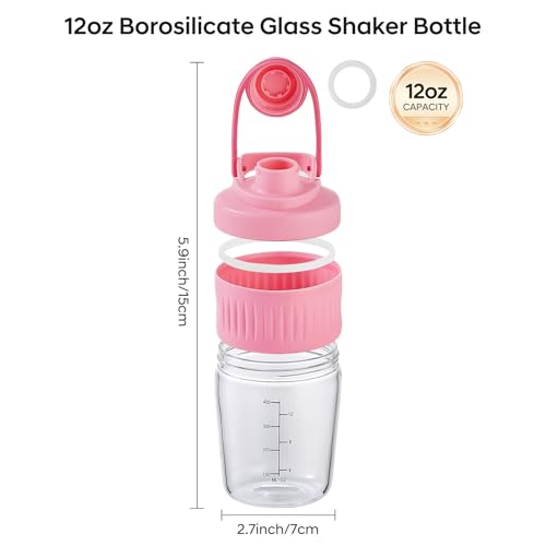 12oz Glass Shaker Bottle for Protein, Small Borosilicate Glass Protein Powder Leak-Proof Shaker Cup Mixes with 304 Blending Ball(12oz,Pink) - color: 1 Pack-Pink, size: 12oz
