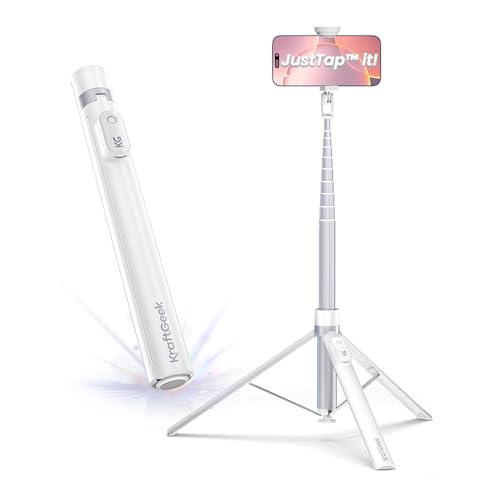 KraftGeek 66” JustTap Phone Tripod for iPhone, Selfie Stick Cell Phone Stand for Recording Travel, Content Creator Essentials, White - color: White