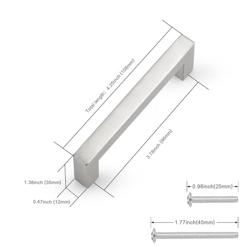 Probrico 5 Pack Hole Centers 3.75inch Brushed Satin Nickel Kitchen Cabinet Handles,Stainless Steel Drawer Pulls,Square Corner Bar Dresser Pull Handle 4-1/4inch Length - color: Brushed Nickel, size: Hole Center: 96mm(3.75inch)