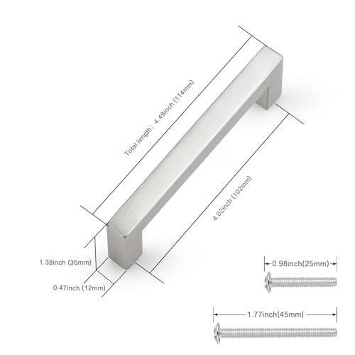 Probrico 5 Pack Hole Centers 4inch Brushed Satin Nickel Cabinet Handles,Stainless Steel Kitchen Drawer Pulls,Square Corner Bar Dresser Pull Handle 4.5inch Length - color: Brushed Nickel, size: Hole Center: 102mm(4inch)
