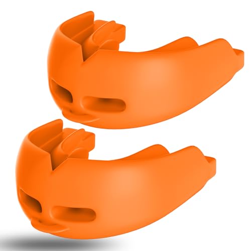 2Pcs Sport Mouth Guard Youth Adult, Mouthguard for Braces,Mouth Guard Football,Helmet Strap, Soft, No Boiling, Jujitsu Rugby Hockey - color: Dark Orange/Strapped