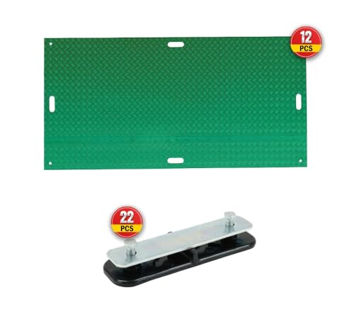 Mytee Products 12 Pack 4' x 8' Green Ground Protection Mats w/Double Sided Diamond Plated Tread Design & 22 Pcs Single Connectors - Polyethylene Mat, Easily Supports 120 Ton Loads on Lawns, Dirt - color: Green, size: 12 - Pack