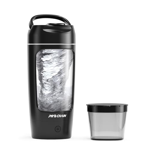 PROCHAIN Electric Protein Shaker Bottle, 22oz BPA-Free Tritan Mixer | USB Rechargeable, Shaker Cups for Protein Shakes, Portable Mixer, with Powder Storage Cup, for Gym, Workout, Sports Nutrition - color: Black