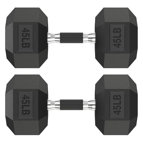 HANDBODE Rubber Encased Hex Dumbbell Pair, 2.5-65 lb | Non-Slip Handle Design for Secure & Comfortable Grip, Hand Weights for Strength Training, Fitness & Home Gym - size: 45 lb, Pair, style: Comfort Grip