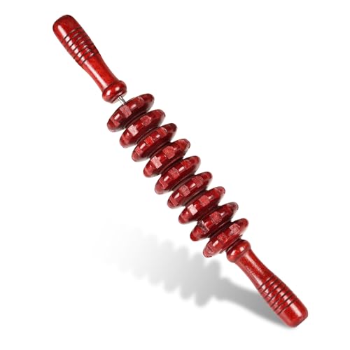 Liitrton Manual Wooden Massage Roller Stick for Legs, Body Roller, Red | Wood Therapy Massage Tools for Trigger Points Relief, Sore Muscle Recovery - color: Red Straight-9-wheel