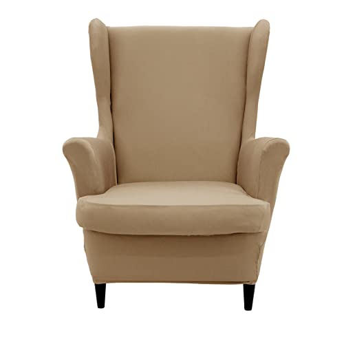 NILUOH Wingback Chair Cover 2-Piece Soft Stretch Wing Chair Slipcover Solid Color Armchair Sofa Couch Cover Furniture Protector with Elastic Bottom for Living Room Bedroom (Khaki) - color: Khaki