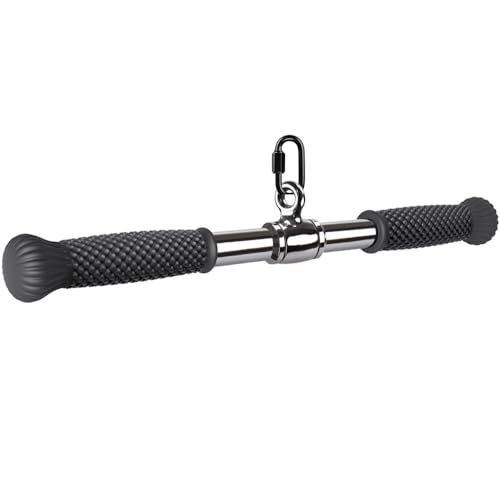 SELEWARE Rotating Straight Bar, Tricep Rope, Double D Row Handle, Rotating V Handle, Cable Machine Attachment with Non-Slip Soft Rubber Grip, Universal Attachment for Cable Machines - color: 18" Silver Rotating Straight Bar W/ Convex Rubber Handle