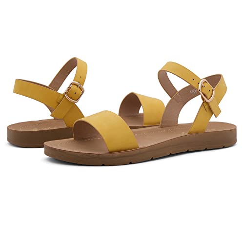 Herstyle Flat Sandals for Women – Open Toe 1 Band Ankle Strap Summer Dressy Sandals, Lightweight Casual Strappy Slip-On Flats with Adjustable Buckle - color: Mustard, size: 5