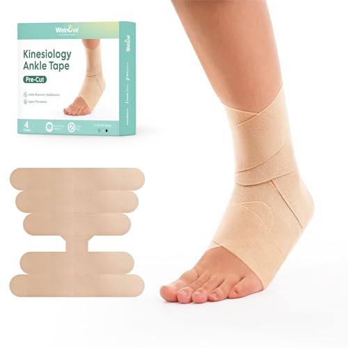 Welnove Sport Kinesiology Ankle Tape for Sprained Ankle: Precut Athletic Tape for Ankle - Ankle Wrap Tape Sports K Tape for Ankle Support (Beige, 4-Pack) - size: 4 Count (Pack of 1)
