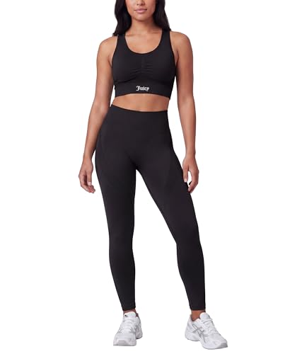 Juicy Couture 2 Piece Women's Workout Set Seamless Bra and Leggings Athletic Pilates Yoga Gym Activewear Matching Outfit - color: Solid Black Beauty, size: X-Large