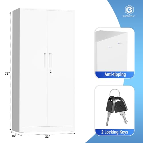 Greenvelly White Metal Storage Cabinet, 72" Locking Storage Cabinets with Doors and 4 Shelves, Tall Tool Storage Cabinet for Garage, Steel Lockable File Cabinet Metal Locker for Home Office, Classroom - color: White, size: 71 Inch