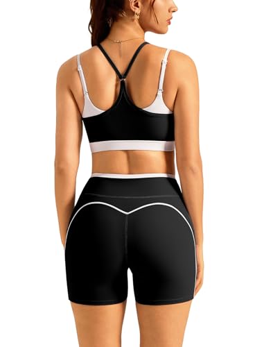 Double Layer Workout Sets for Women 2 Piece Matching Gym Set High Waist Shorts with Pockets Sports Bra Yoga Pilates Outfits - color: Black, size: Large