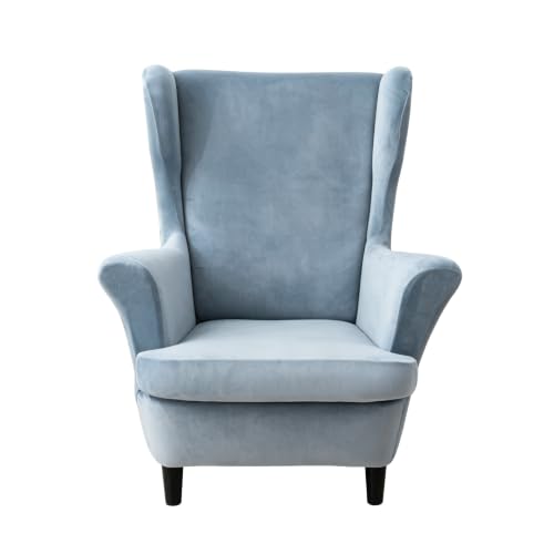 NILUOH Thick Velvet Wingback Chair Slipcovers 2-Piece, Stretch Wing Chair Covers Soft Sofa Slipcover Wing Back Armchair Cover Furniture Protector for Living Room - color: Foggy Blue