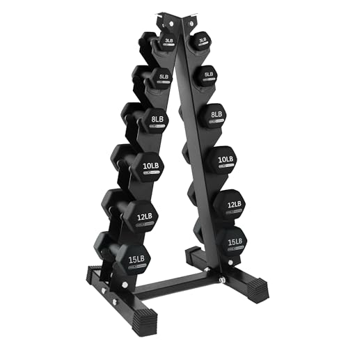 HolaHatha 1, 2 and 3 lb Neoprene Dumbbell Strength Training Weight Set with Rack - color: Black, size: 106 LB