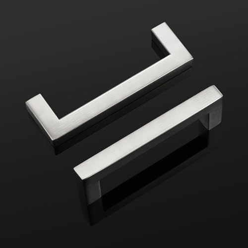 Probrico 5 Pack Hole Centers 3.75inch Brushed Satin Nickel Kitchen Cabinet Handles,Stainless Steel Drawer Pulls,Square Corner Bar Dresser Pull Handle 4-1/4inch Length - color: Brushed Nickel, size: Hole Center: 96mm(3.75inch)