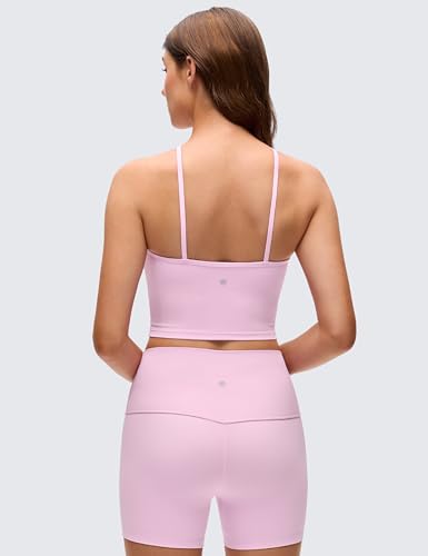 CRZ YOGA Butterluxe Cross Neck Crop Tank Tops | Light Support, Removable Pads, Yoga, Extremely Soft, Square Back, Spaghetti Straps, Longline Sports Bras for Women - color: Vita Pink, size: Small