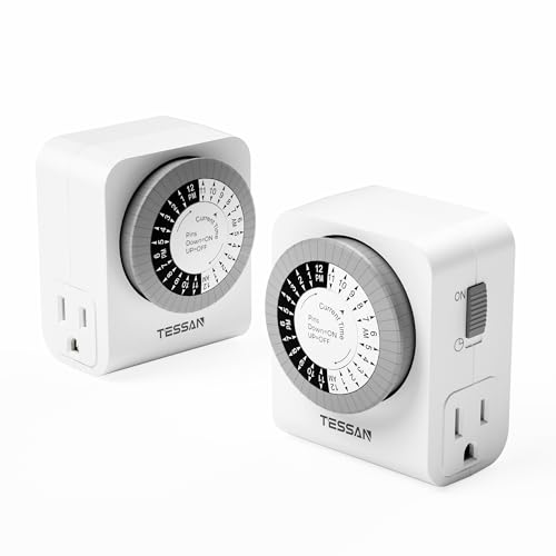 TESSAN Outlet Timer, Mechanical 24-Hour, 2 Pack | Dual 3-Prong Sockets, 30-Minute Intervals, For Lamps, Christmas Lights, Fans, Indoor Use