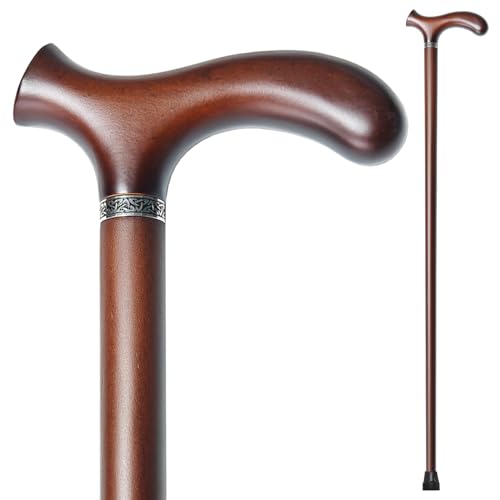 Wooden Walking Cane with 5 Height for Men and Women, Handmade Wood Cane with Comfort Grip Handle, Supportive Mobility Aid for Seniors, Fashionable & Classic Lightweight Stick - color: Coffee, size: 33inch