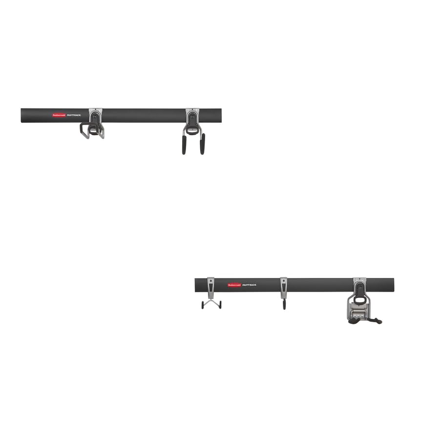 Rubbermaid Fasttrack Garage Storage Utility Hooks 7 Piece Black All in One Rail Hook Kit and Tool Organizer Heavy Duty for Home/Garage/Shed/Garden - size: 2 Rails, 5 Hooks