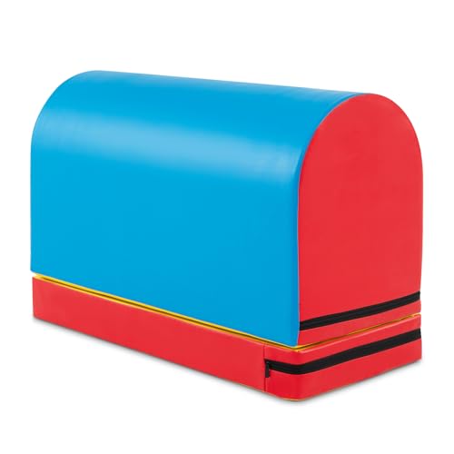 Goplus Mailbox Tumbling Mat, Gymnastics Vaulting Box w/Detachable Mat, Carrying Handle, Premium PU Leather, Portable Jumping Tumbling Aid Trainer for Kids Home Gyms Exercise - color: Red+Navy Blue