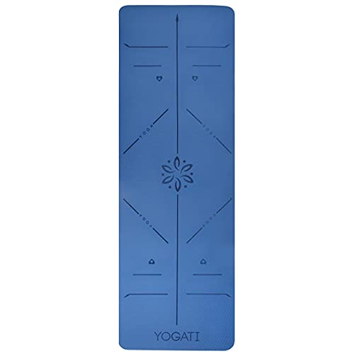 YOGATI® Yoga Mat with Strap with Alignment Lines. Home Workout Mat for Women, Men and Kids. Thick Non Slip Yoga Mat for Pilates and Fitness. Brown, Pink and Purple Yoga Mats - color: Blue